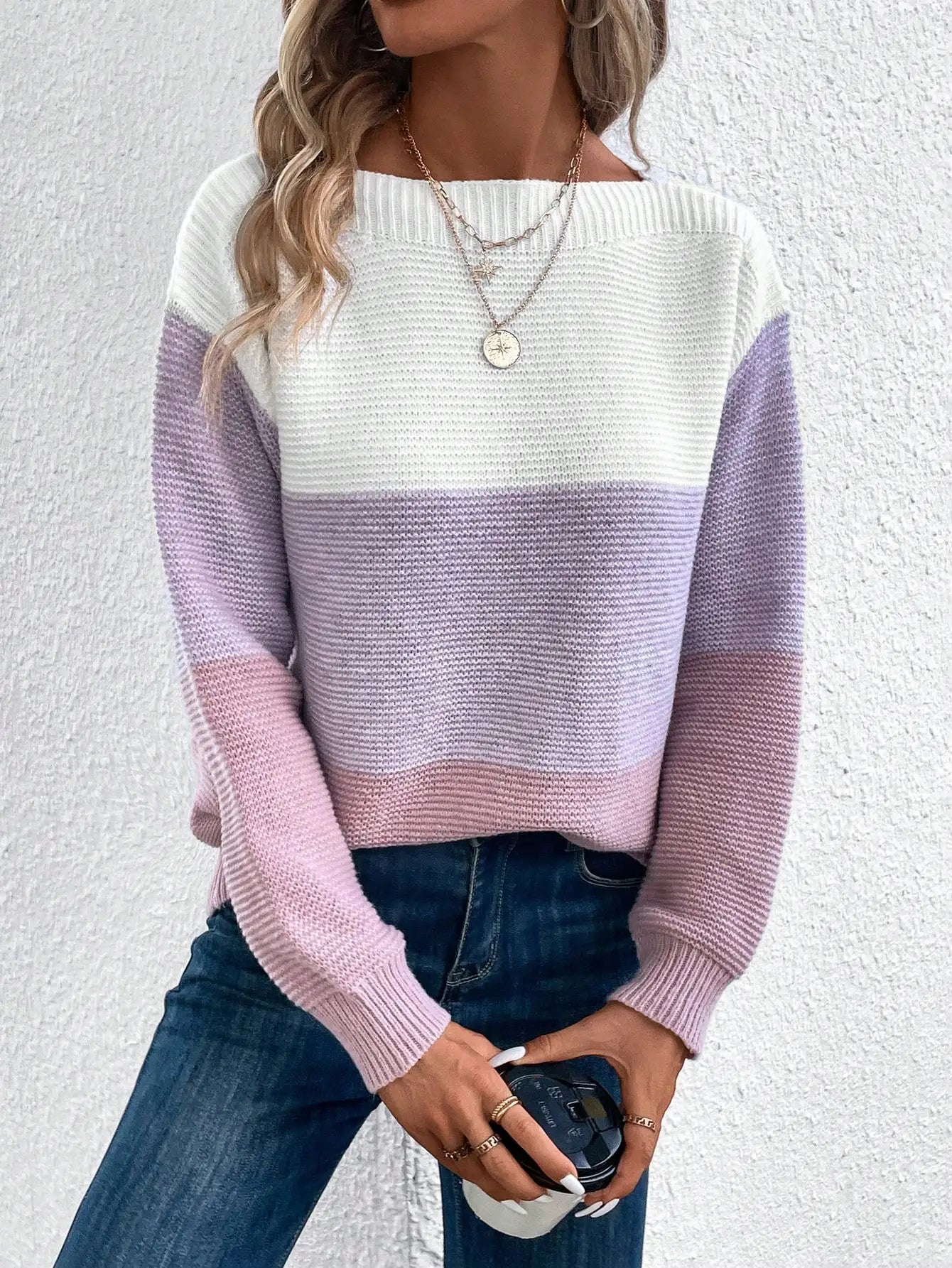 Pull en Maille à 3 Rayures en Dégradé