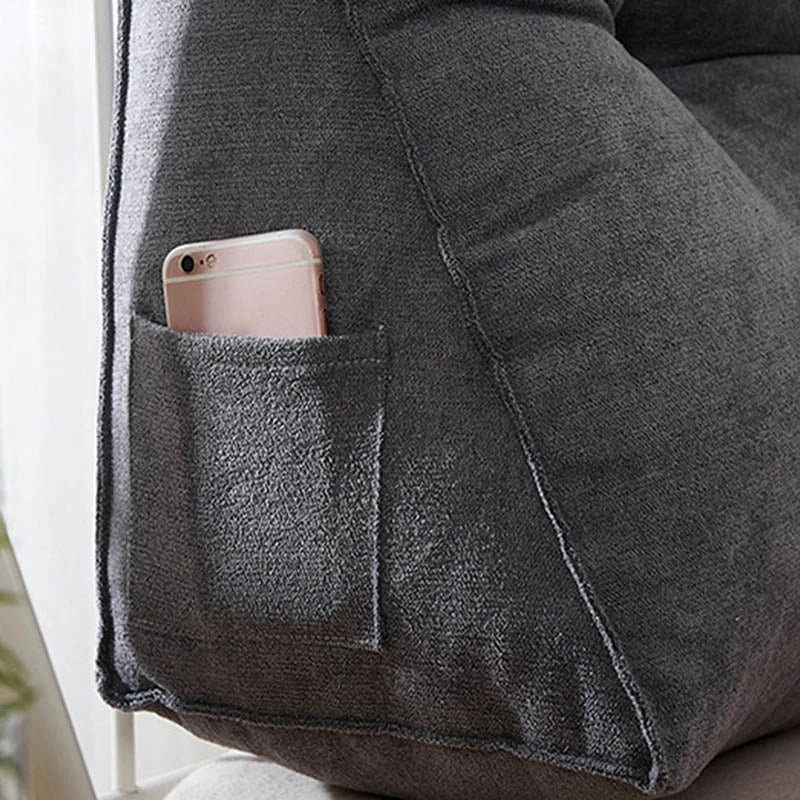 Coussin de lecture triangulaire avec appui-tête et poche latérale