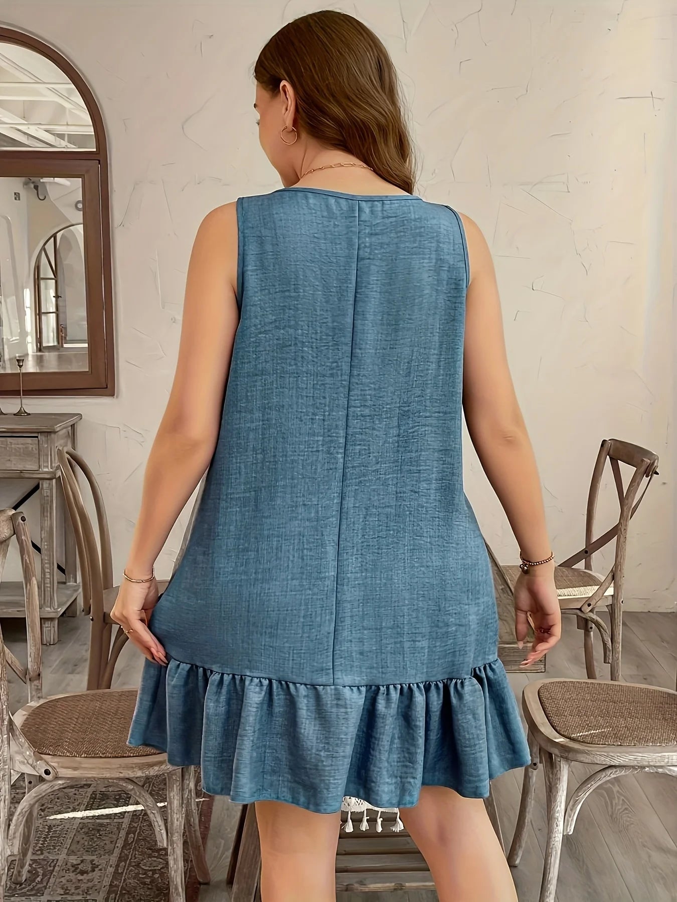 Robe Élégante Sans Manches à Volants et Fleurs