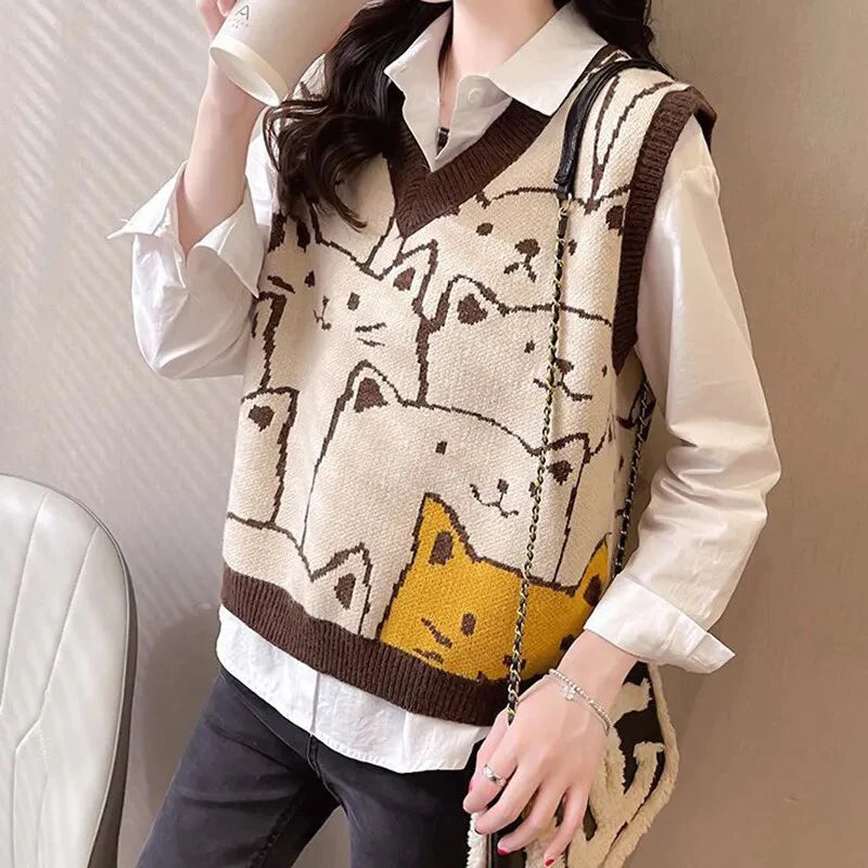 Sleeveless V-Neck Knitted Top - Cat Print