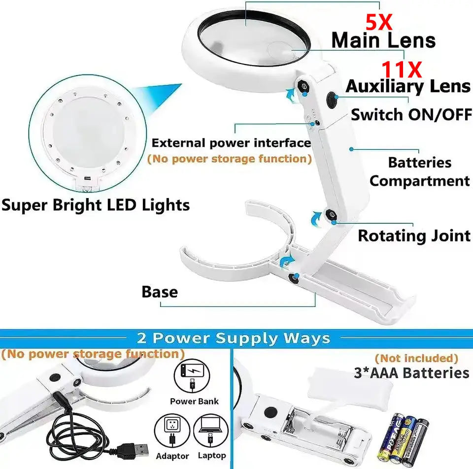 Loupe de bureau pliable LED 2 EN 1 - Zoom 30X 10X