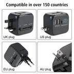 Adaptateur Universel de Voyage Tout-en-Un – Chargeur Mural avec 2 USB, USB-C et Prises US/EU/UK/AU
