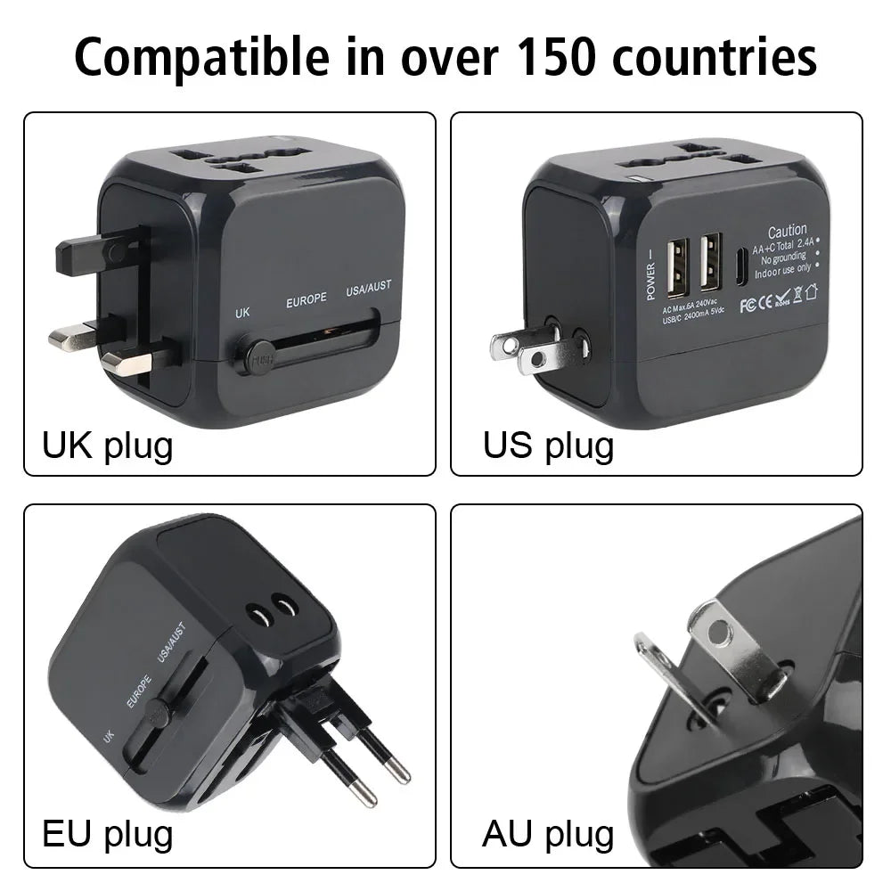 Adaptateur Universel de Voyage Tout-en-Un – Chargeur Mural avec 2 USB, USB-C et Prises US/EU/UK/AU