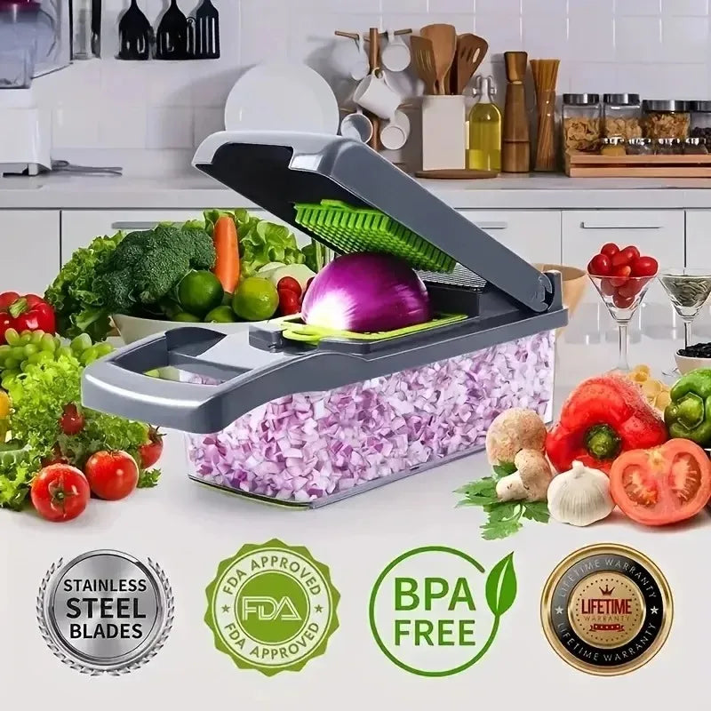 Mandoline - Hachoir 16 en 1 multifonctionnel avec récipient