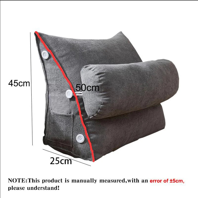 Coussin de lecture triangulaire avec appui-tête et poche latérale