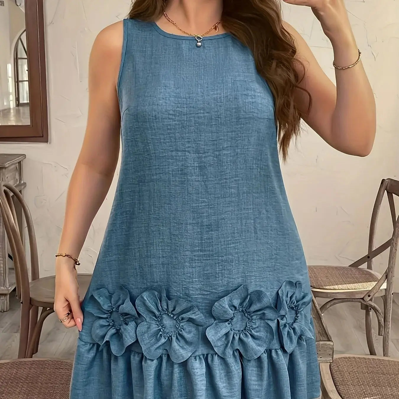 Robe Élégante Sans Manches à Volants et Fleurs