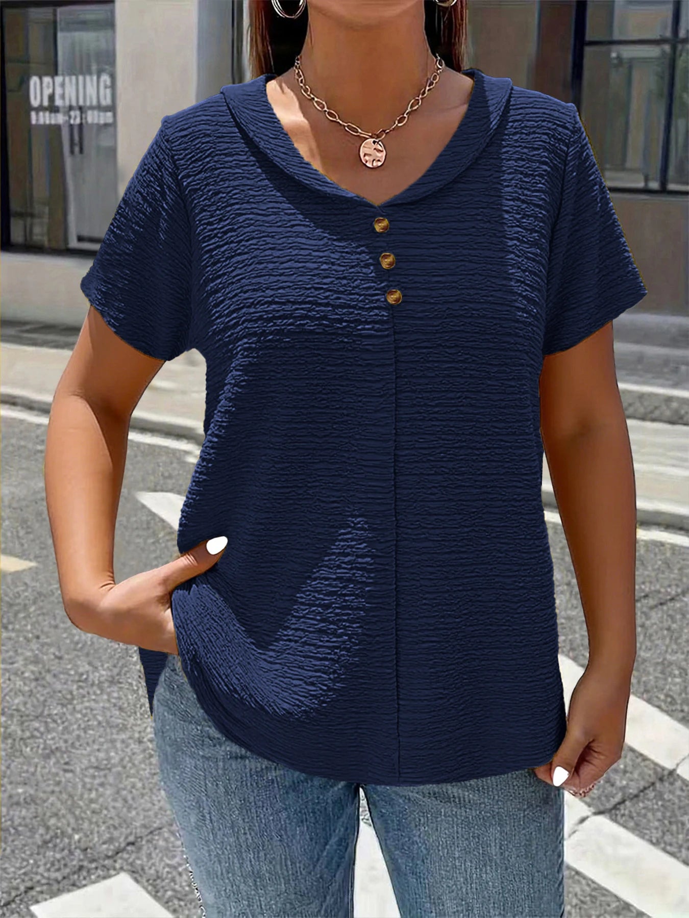 Plus size textured fabric Claudine collar shirt — short sleeves, elegant style