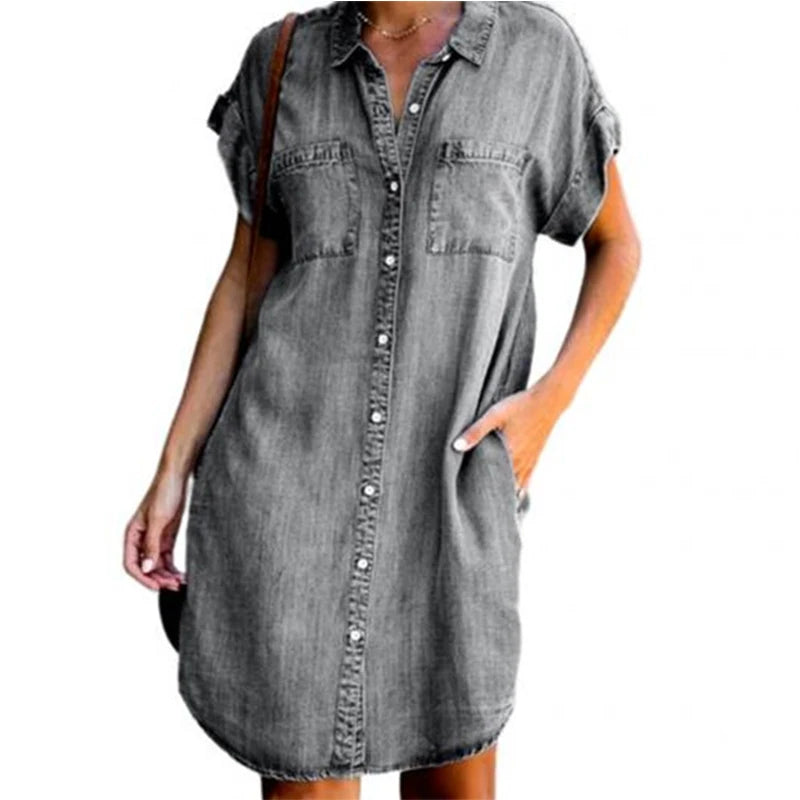 Robe Tunique Chemise en Jean manches courte et poches