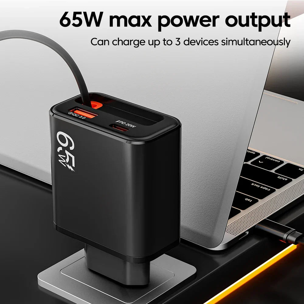 Chargeur Rapide 65W USB-C avec Câble Retractable