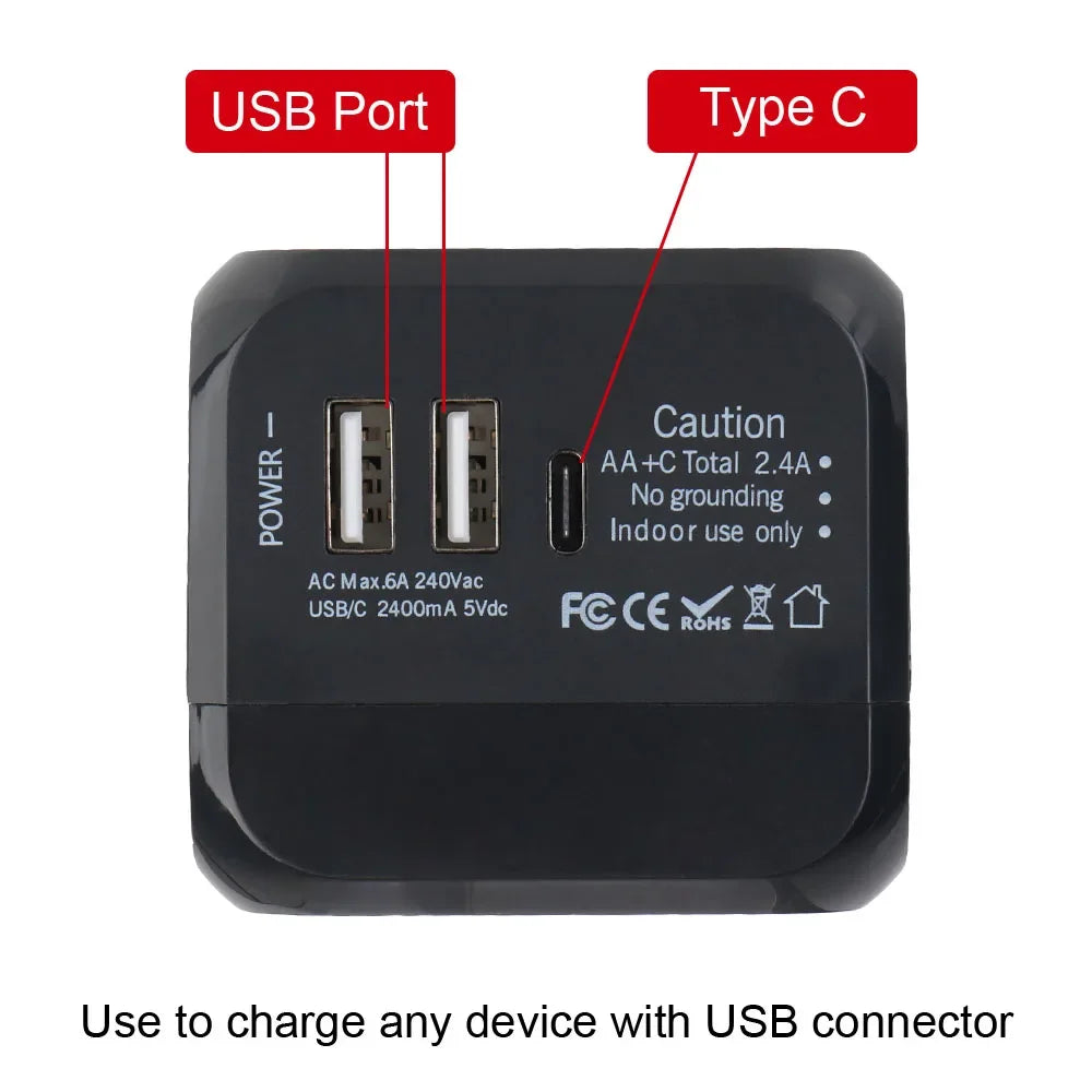 Adaptateur Universel de Voyage Tout-en-Un – Chargeur Mural avec 2 USB, USB-C et Prises US/EU/UK/AU