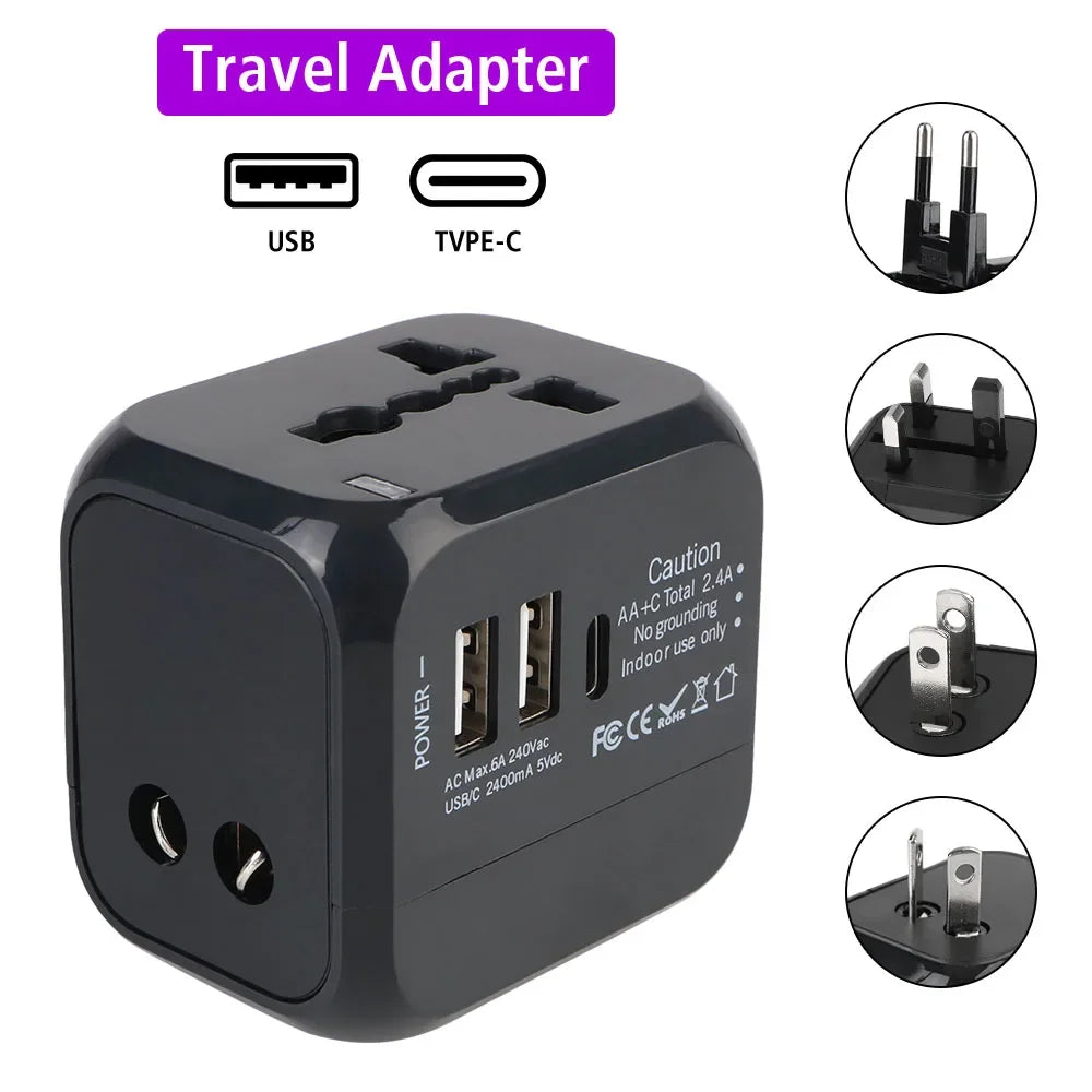 Adaptateur Universel de Voyage Tout-en-Un – Chargeur Mural avec 2 USB, USB-C et Prises US/EU/UK/AU