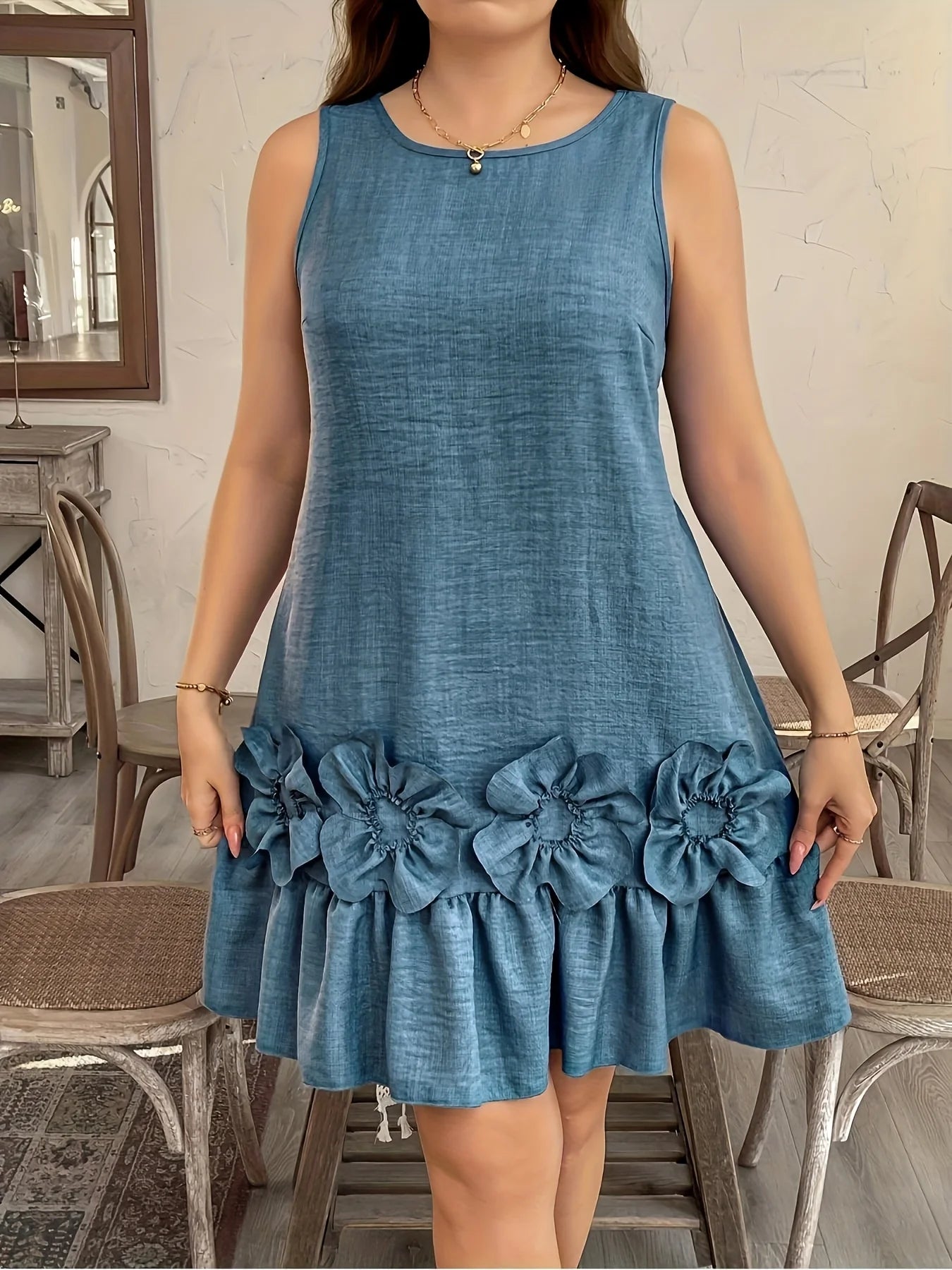 Robe Élégante Sans Manches à Volants et Fleurs