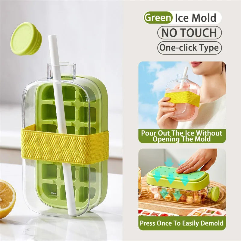 Large Capacity Water Bottle with Silicone Ice Cube Tray and Straw – 2-in-1 Bottle for Ice-Cold Drinks