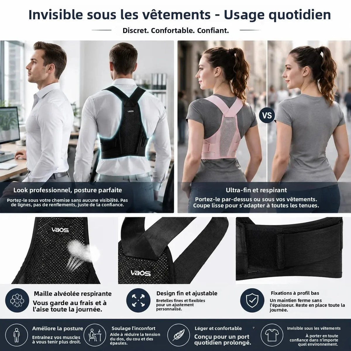 Correcteur de Posture Unisexe Soutien Dorsal & Épaules – Renforts Rembourrés Confortables et Réglable par Velcro