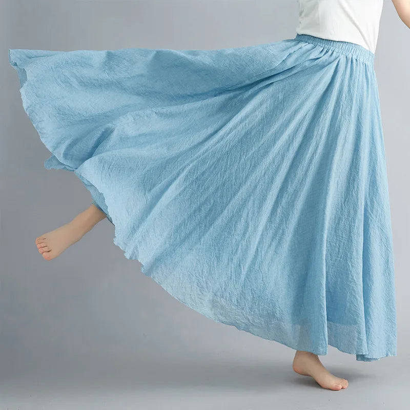 Jupe Longue en Coton & Lin à Taille Haute Élastique