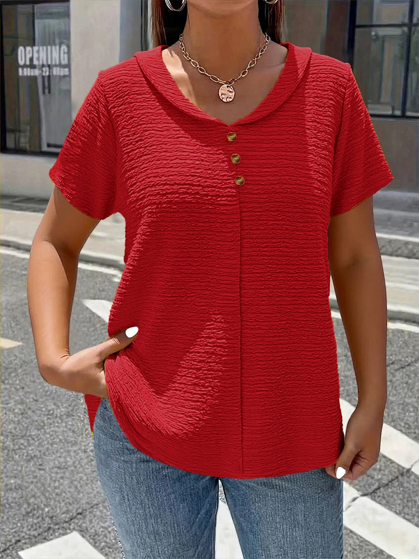 Plus size textured fabric Claudine collar shirt — short sleeves, elegant style