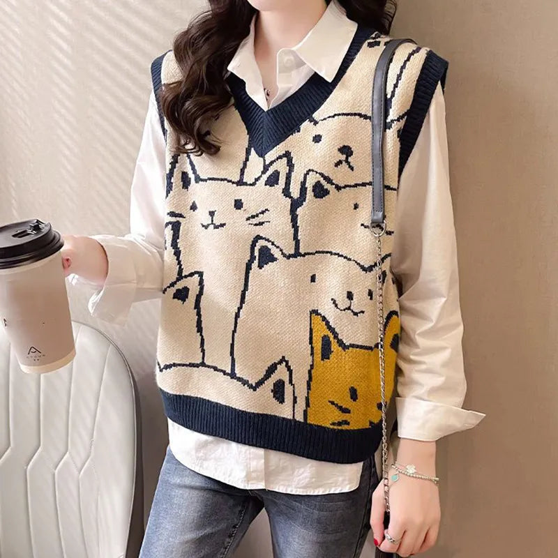 Sleeveless V-Neck Knitted Top - Cat Print
