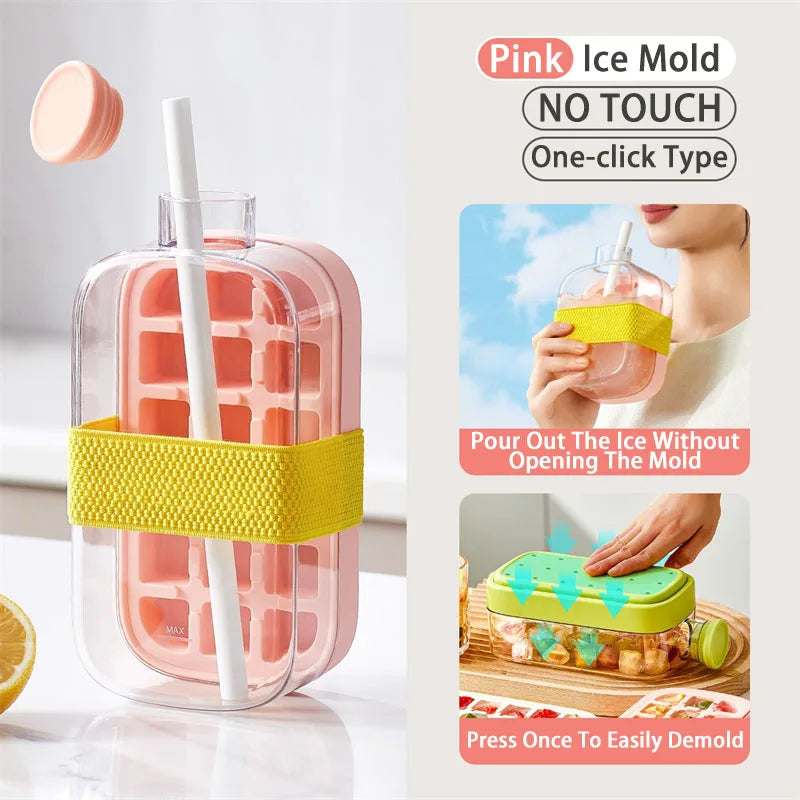 Large Capacity Water Bottle with Silicone Ice Cube Tray and Straw – 2-in-1 Bottle for Ice-Cold Drinks
