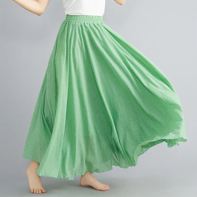 Jupe Longue en Coton & Lin à Taille Haute Élastique