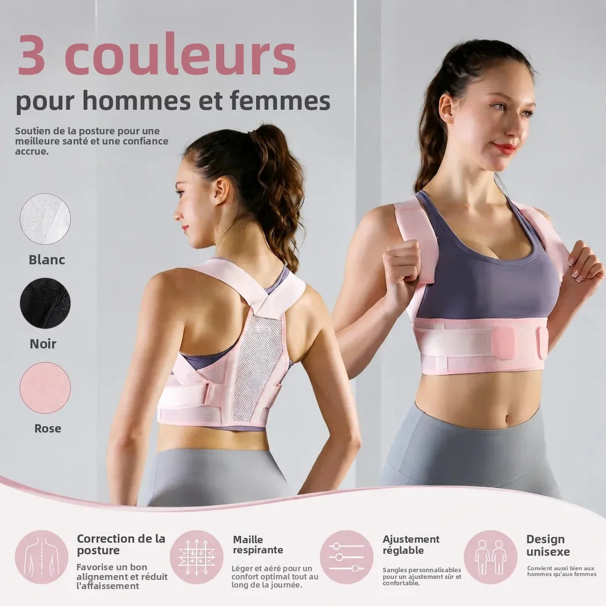 Correcteur de Posture Unisexe Soutien Dorsal & Épaules – Renforts Rembourrés Confortables et Réglable par Velcro