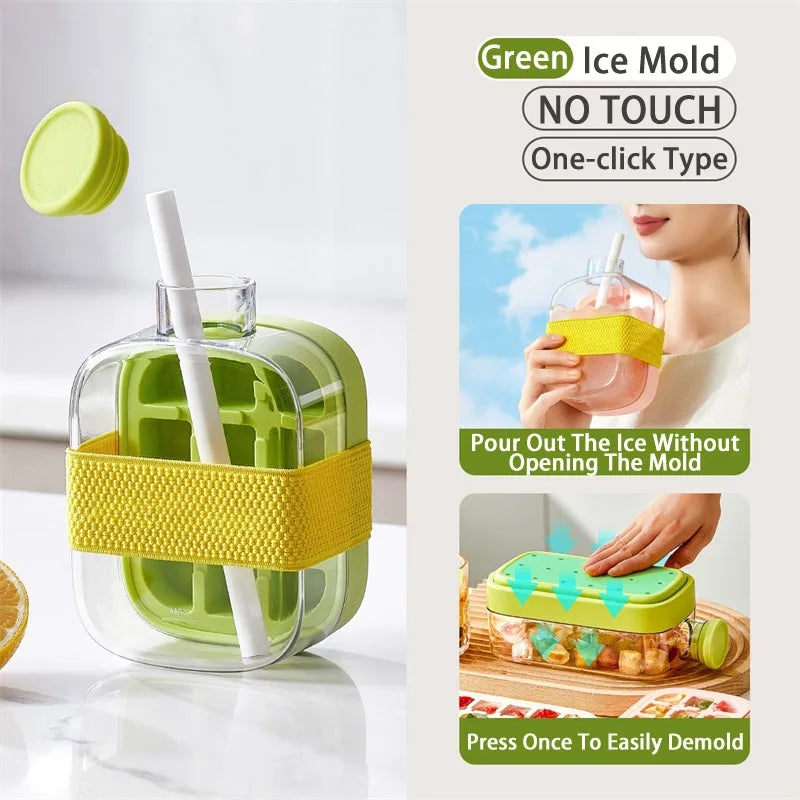 Large Capacity Water Bottle with Silicone Ice Cube Tray and Straw – 2-in-1 Bottle for Ice-Cold Drinks