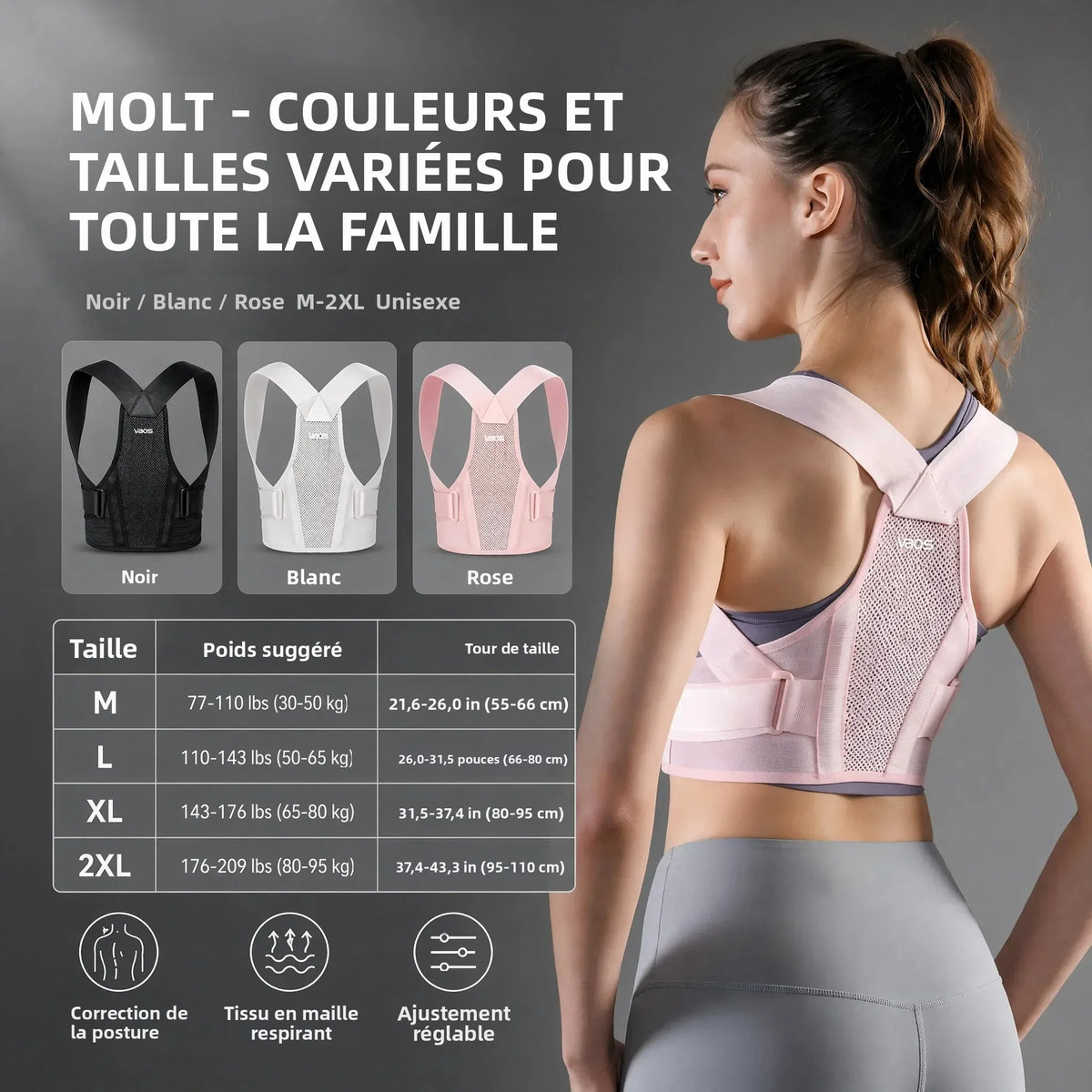 Correcteur de Posture Unisexe Soutien Dorsal & Épaules – Renforts Rembourrés Confortables et Réglable par Velcro