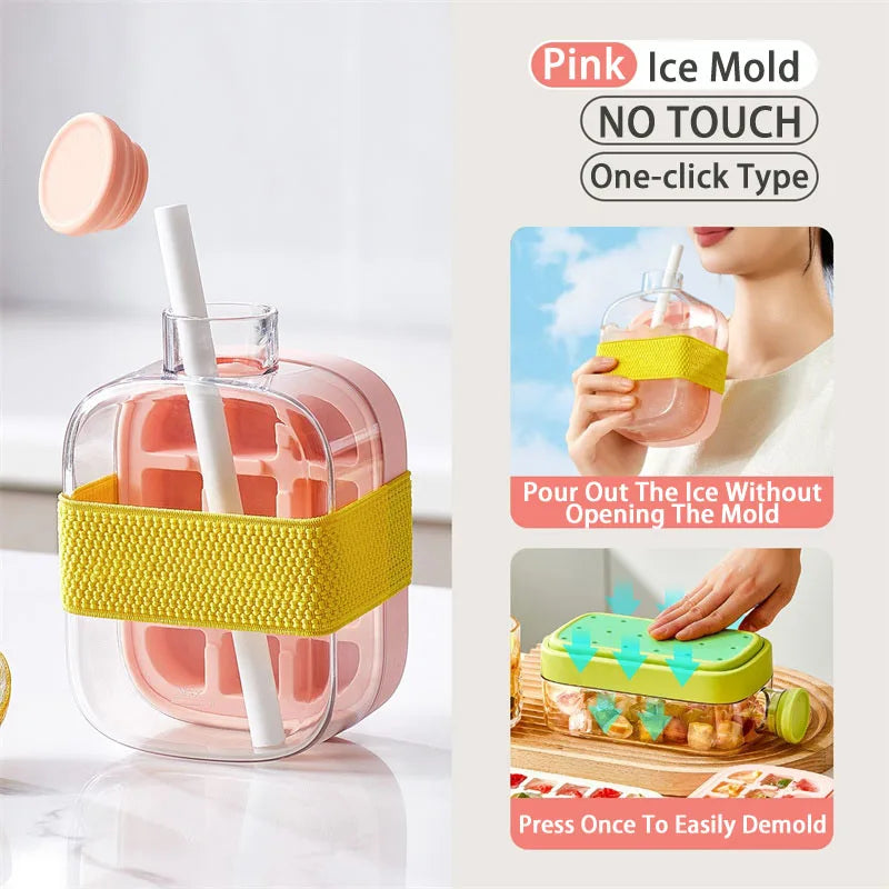 Large Capacity Water Bottle with Silicone Ice Cube Tray and Straw – 2-in-1 Bottle for Ice-Cold Drinks