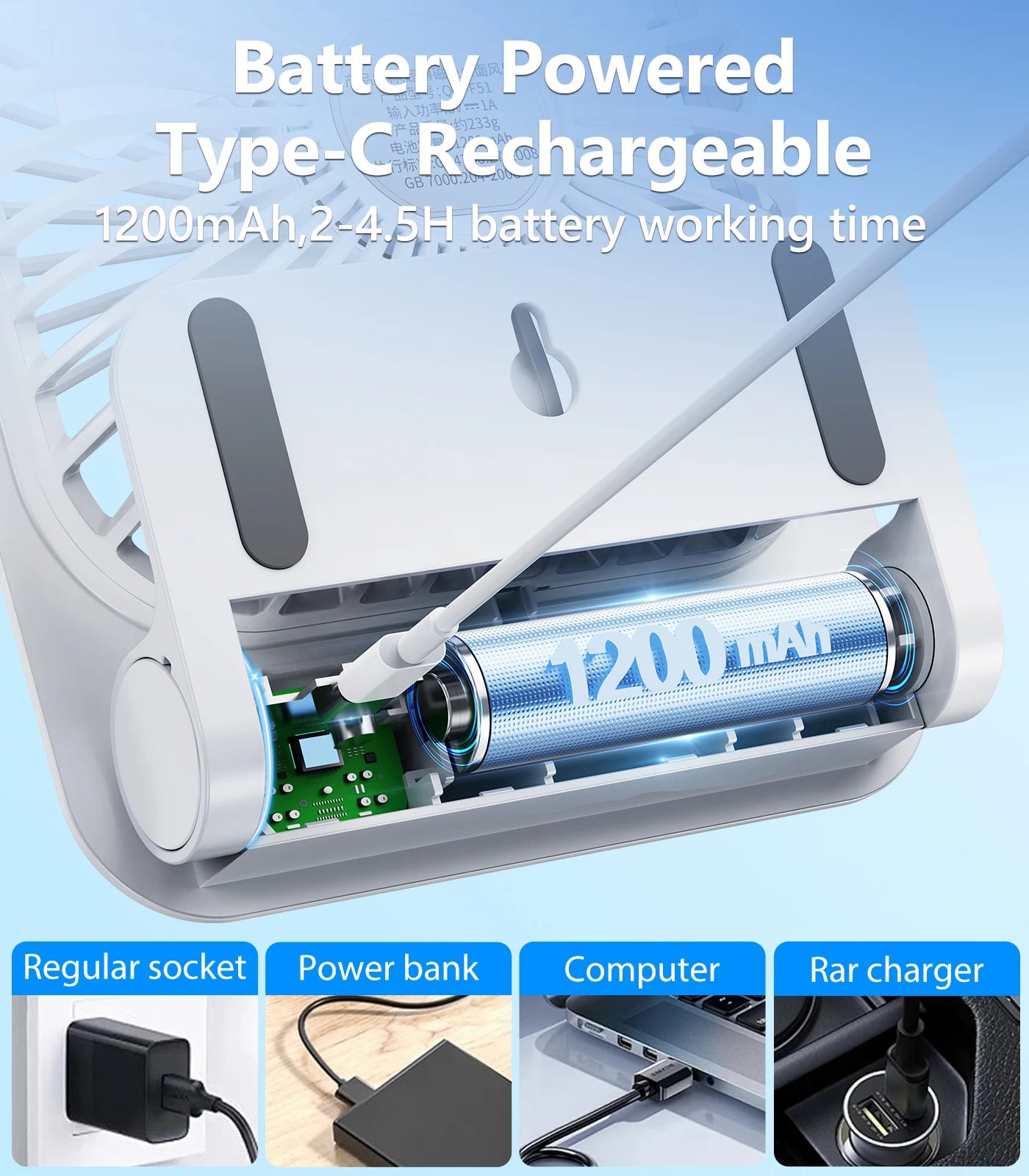 Mini Ventilateur 3-en-1 Ultra Fin Rechargeable Type-C 1200mAh