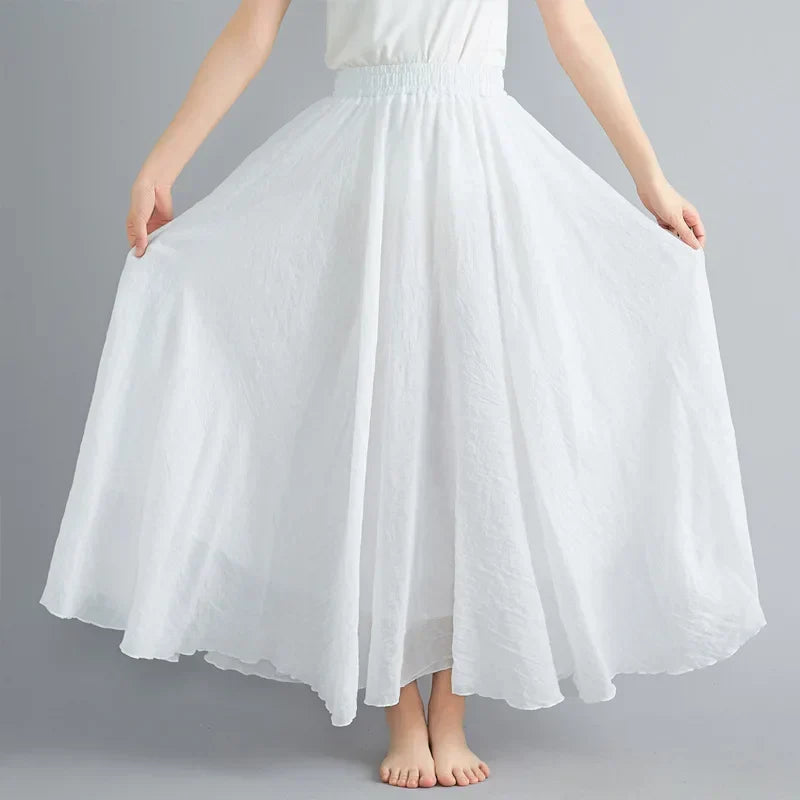 Jupe Longue en Coton & Lin à Taille Haute Élastique