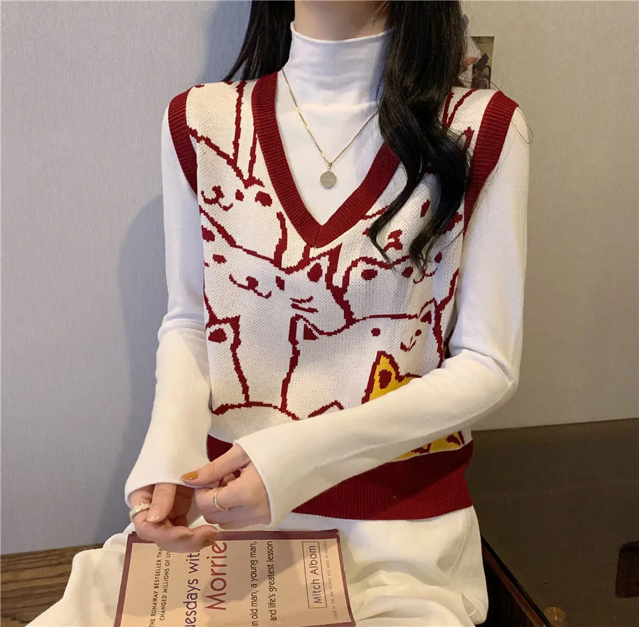 Sleeveless V-Neck Knitted Top - Cat Print
