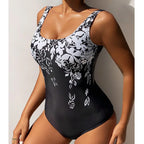Maillot de Bain Une Pièce Noir à Motif Floral