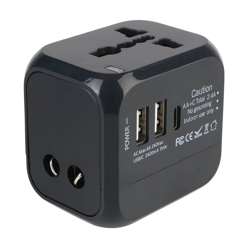 Adaptateur Universel de Voyage Tout-en-Un – Chargeur Mural avec 2 USB, USB-C et Prises US/EU/UK/AU