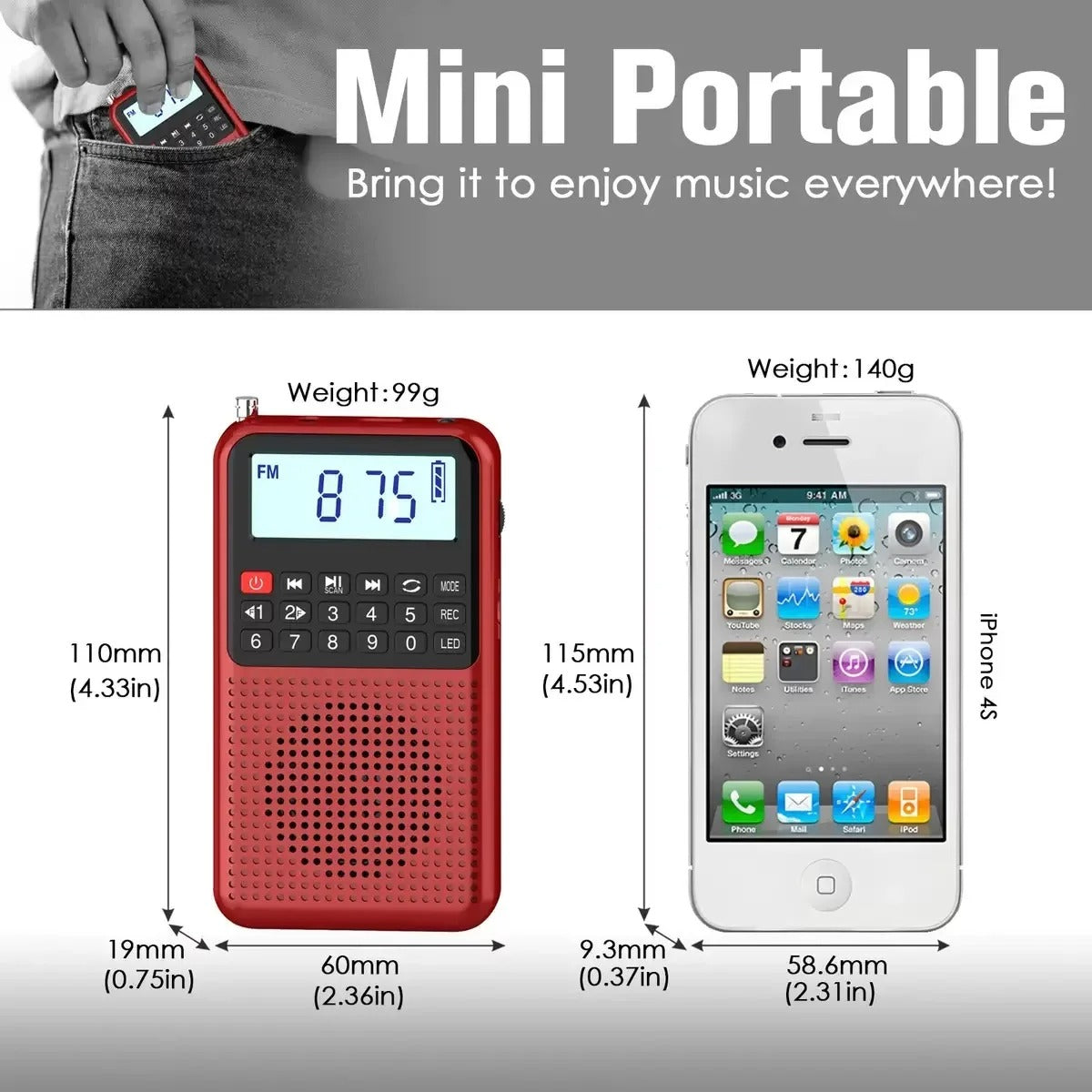 Mini radio FM de poche avec Haut Parleur HD et Lampe Torche intégrées