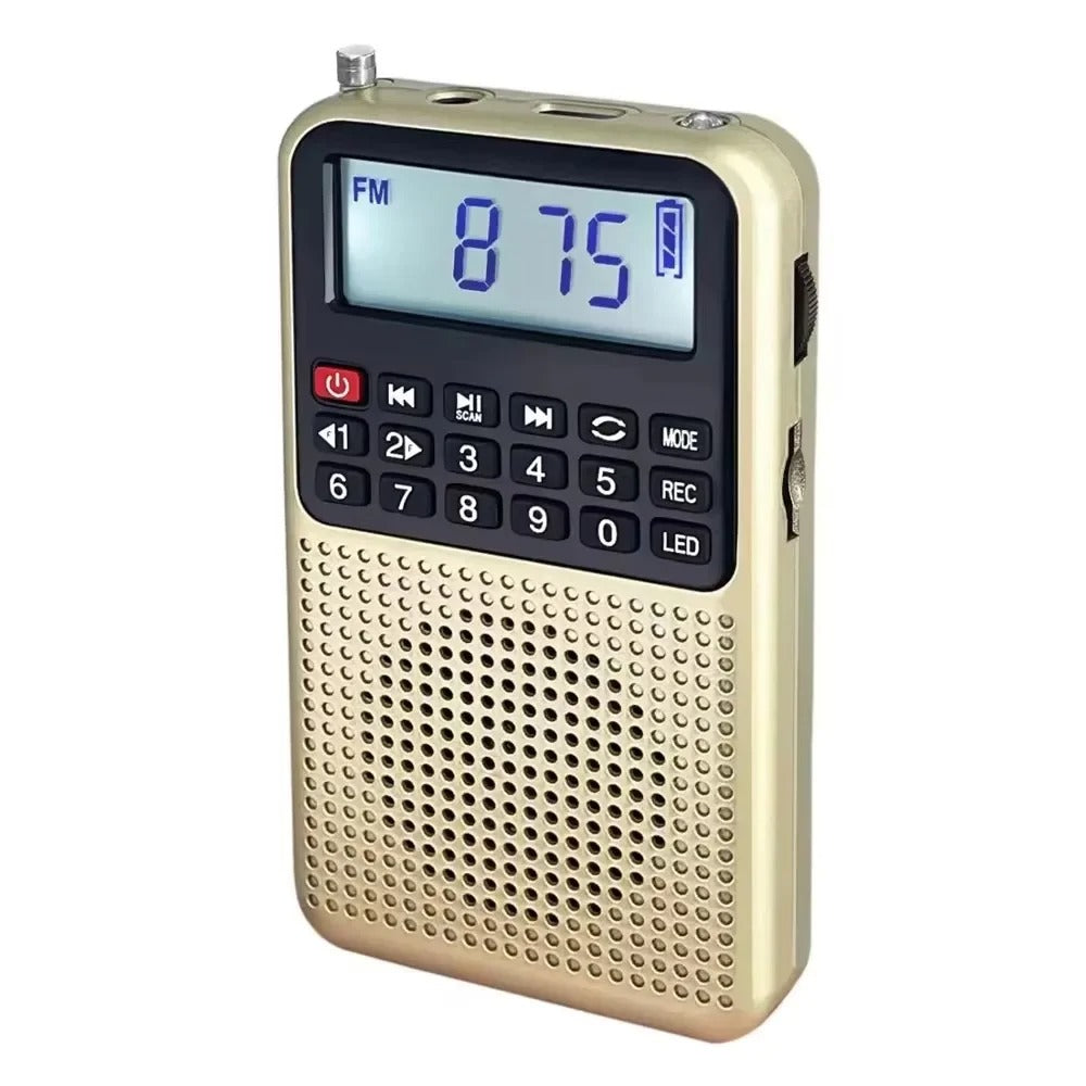 Mini radio FM de bolsillo con altavoz HD y linterna integrados