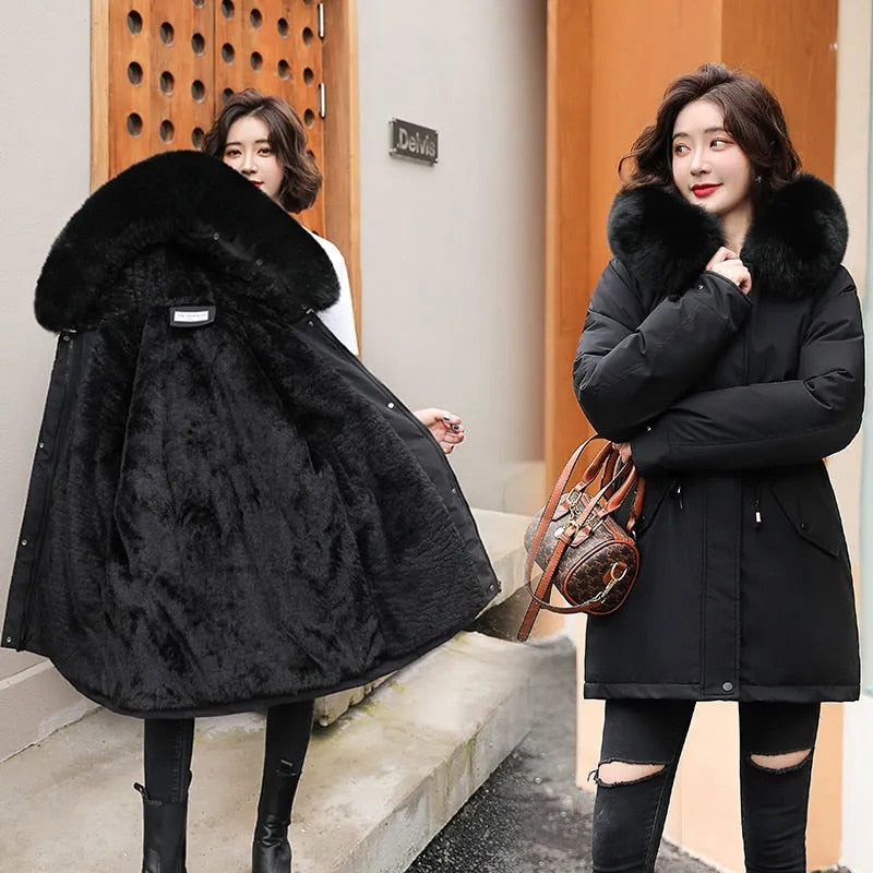 Parka à capuche avec col en fourrure pour femme